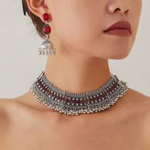 Bộ trang sức nữ gồm 1 bộ dây chuyền tua rua đính đá pha lê và ngọc trai giả kiểu Bohemian, cùng 1 đôi bông tai tua rua hình học đính pha lê, thích hợp đeo hàng ngày, dự lễ hội, tiệc tùng, làm quà tặng. - Hồng - Xem 5