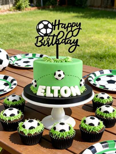 Decoración para tarta de cumpleaños con tema de fútbol, Decoración de tarta de cumpleaños feliz de fútbol negro, Adecuado para fiesta de jugador de fútbol, decoración de tarta de fiesta de cumpleaños, suministros de fiesta con tema deportivo de fútbol para niños y adolescentes
