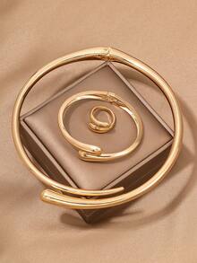 1 Set de joyería minimalista geométrica metálica de estilo europeo y americano, incluyendo collar, pulsera y anillo, adecuado para uso diario - Juego de 3 piezas amarillo dorado - Ver 3