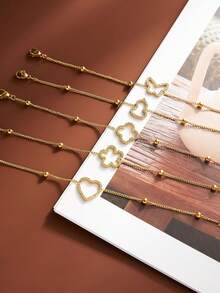 1pc Fashionable Niche Stainless Steel 18K Gold Four-Leaf Clover Micro-Inlaid Diamond Bracelet, Heart, Gourd, Butterfly 18K Gold Plated Chain Bracelet - Gold - View 1