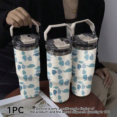 1pc/5pcs 30oz Minimalist Whale Stainless Steel Insulated Car Mug. Perfect For Father's Day, Independence Day, Themed Parties, Birthdays, And Other Holiday Gifts. Features A Simple Whale Print, Keeps Drinks Hot Or Cold, Has A Fresh And Appealing Design, And Is Highly Practical For Everyday Hydration.