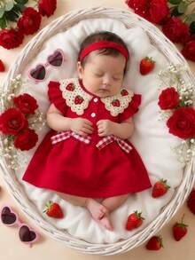 Baby Girl Solid Color Dress With Red & White Plaid Bow And Strawberry Crochet Collar - Red - View 10