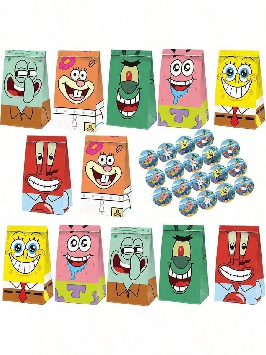 SpongeBob SquarePants 12个装礼品袋，动漫人物主题礼品袋，适用于生日、婚礼、聚会和派对，牛皮纸糖果袋，带贴纸，可折叠。 - 彩色 - 查看 1