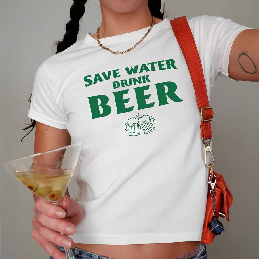 Save Water Drink Beer Baby Tee, St Patricks Day Baby Tee, Day Drinking, St. Patrick's Day Baby Tee, Funny St Paddys Y2K Tee, Lucky Ba - 白色 - 查看 1