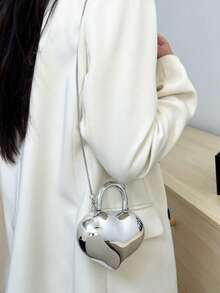 Glossy Heart-Shaped Metal Chain Bag, Sweet & Cool Mini Handbag, Party Style Shoulder Crossbody Bag - Multicolor - View 9
