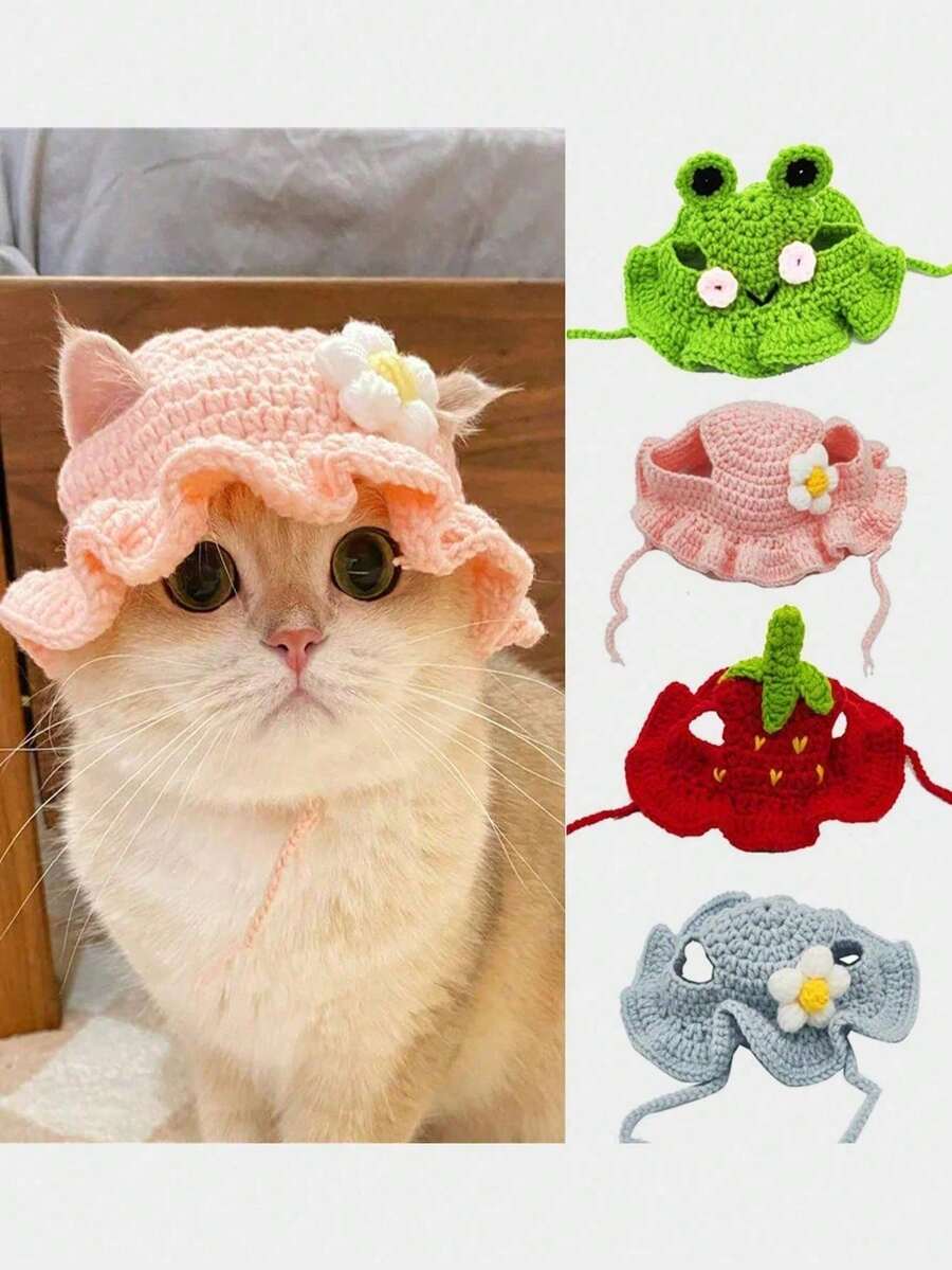 Cute Handmade Crochet Pet Hat & Bib Set, Adjustable Knitted Sun Hat + Saliva Towel, Soft Breathable Pet Outfit For Small Dogs Cats, Puppy Kitten Accessory For Outdoor - Multicolor - View 1