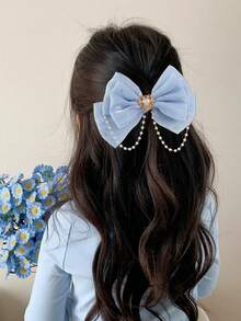 1pc Girls Cute Sweet Multi-Layer Tulle Bow Pearl Tassel Hair Clip - Bow Tie Clip - View 15