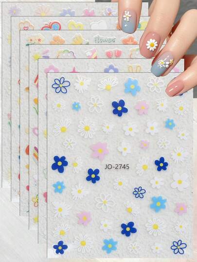 3/6张可爱花朵美甲贴纸雏菊花卉美甲贴花可爱春季美甲