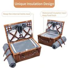 Cesta de picnic de mimbre para 4 personas con manta de picnic impermeable compartimento grande con aislamiento bolsa de vino juego de cubiertos para camping viajes de día playa senderismo - Marrón - Ver 2