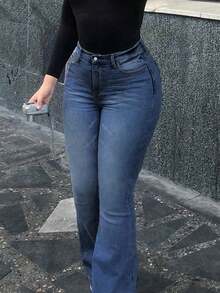 Jeans elásticos de tiro alto con efecto desgastado y acampanados, de uso casual para primavera - Azul lavado oscuro - Ver 4