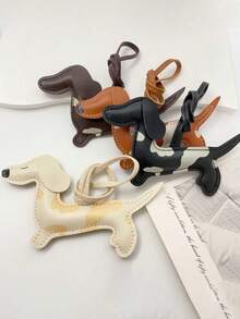 1pc PU Leather Dachshund Keychain - Handmade Cartoon Dog Bag Charm, With Cute Puppy Design, Suitable For Keys, Backpacks Or Car Accessories, Packaging Decor | Cartoon Dog Design | Colorful Keyring, Dog Accessories - 米色 - 查看 3