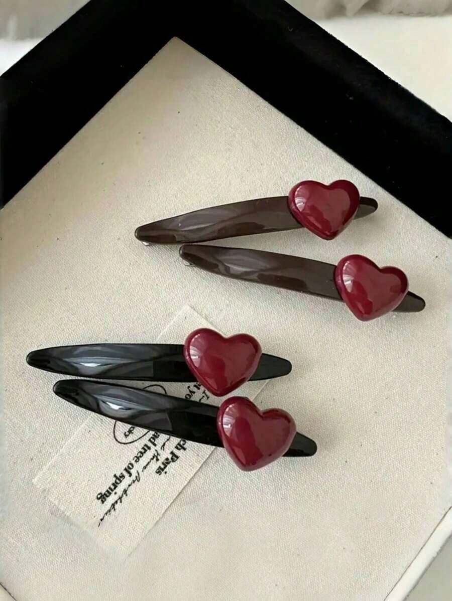 1pc Retro Chocolate Brown Heart Shaped Hair Clip, French Style Side And Bangs Clip, Sweet Vintage High-End Hair Accessory For Women Valentine's Day Valentines Claw Clips Hair Claws Hair Barrettes, School Stuff, Hair Accessories, Head Accessories - 黑色 - 查看 1