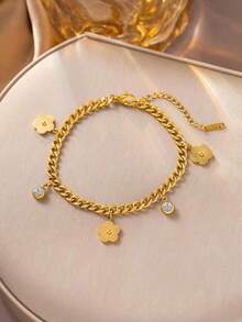1 Set de Joyería de Acero Inoxidable con Colgante Floral, Pulsera y Aretes, Minimalista Elegante Clásica de Moda Casual, Adecuada para el Día de San Valentín, Eid, Días Festivos, Uso Diario, Fiesta, Regalo (Bolsa OPP y Caja Solo para Fotografía) - Amarillo Oro - Ver 4