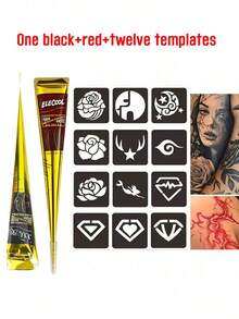 Colorful Henna Tattoo Set]High-Quality Henna Tattoos In Multiple Colors, 12 Reusable Random Stencils | Pre-Mixed Natural Henna Dye For Temporary Body Art | Waterproof And Smudge-Proof, Durable | Beginner-Friendly DIY Kit, Suitable For Parties, Festivals, Halloween, Weddings, And Henna Nights - 黑色+紅色 - 查看 7