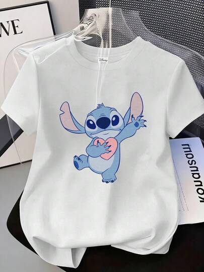 Disney Men's Casual Fashion Short Sleeve Round Neck T-Shirt, Heart Stitching Pattern Print, Suitable For Summer & Autumn Daily & Outdoor Wear, Men's Graphic Print T-Shirt