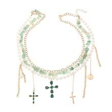 Dây chuyền ngọc trai nhiều lớp, dây chuyền choker mặt dây chuyền hình thánh giá đính đá màu xanh lá cây thời trang theo phong cách INS. - Nhiều màu - Xem 7