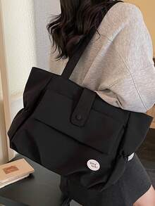 Large Capacity Solid Color Shoulder Bag With Badge, Suitable For Daily Commute And Travel - Black - View 5