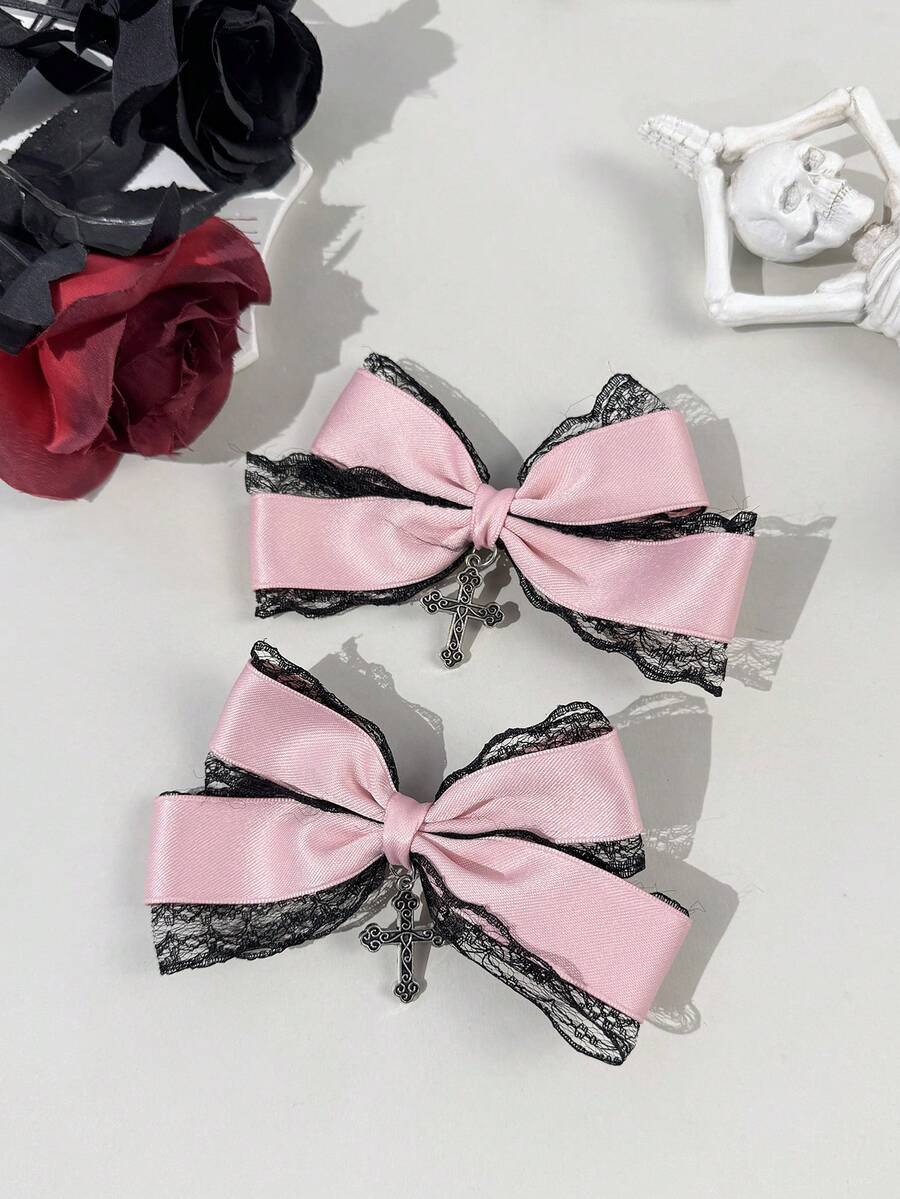 2 piezas Accesorios para el cabello con cinta de encaje estilo gótico, adecuados para disfraces de fiesta y uso diario para entusiastas del estilo gótico, con pinzas de garra - Rosa - Ver 1