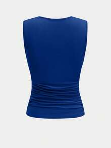 Bộ đồ xếp ly 2 món dành cho nữ, gồm áo hai dây cổ tròn và chân váy midi xẻ tà thanh lịch, chất liệu vải dệt kim 180g, co giãn nhẹ. - Xanh đậm - Xem 3