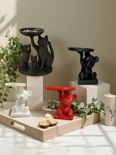 1pc Arctic Bear & Black Cat Jewelry Tray Decor, Home Entryway Key Holder Desktop Office Ornament