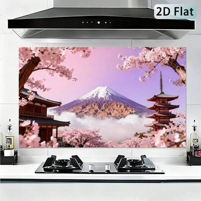 1 قطعة ملصق مسطح ذاتي اللصق مقاوم للرذاذ في المطبخ، بموضوع أزهار الكرز والبرج الخماسي الطوابق، سهل التركيب وسهل التنظيف ومقاوم للزيوت، مناسب لتزيين جدران المطعم والصالة والمطبخ.