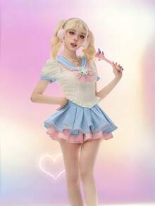 Bộ đồng phục học sinh JK dễ thương, ngọt ngào dành cho bé gái, áo cổ nơ màu xanh navy và chân váy xếp ly phối màu tương phản, thích hợp cho chụp ảnh, cosplay Halloween, dự tiệc mùa xuân. - Màu xanh nhạt - Xem 3