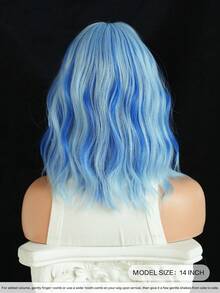 7JHH WIGS Short Wavy Highlight Blue Wigs For Women 14 Inch Shoulder Length Bob Curly Wavy Middle Part Wigs Curtain Bangs, Natural Synthetic Heat-Resistant Fiber Hair For Daily Cosplay Party Use ( Straight Hair Ends ) - Baby Blue - View 3