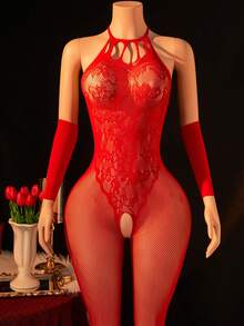2 piezas Conjunto de lencería sexy para mujer, body sexy y mangas, body sin entrepierna, cuello halter espalda descubierta, atuendo sexy para chica, bikini pareo, disfraz sexy para fiesta de San Valentín - Rojo - Ver 1