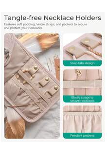 1个女士旅行首饰收纳盒，可折叠小巧首饰卷，适用于旅行收纳戒指、项链、耳环、手镯，迷你款，柔粉色（不含首饰） - 粉色 - 查看 6