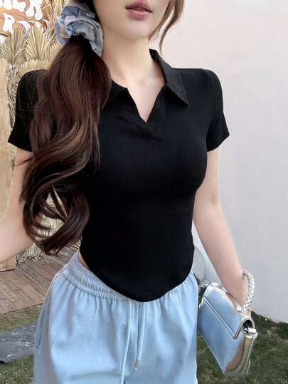 女士夏季修身短款T恤，Polo领短袖上衣，弧形下摆，百搭内搭