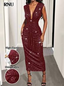 RNU Women's Sexy Glossy Burgundy Party/Date/Halloween/Christmas Dress, Nightclub Holiday Valentine's Day New Year Concert Outfit, Banquet Birthday Club Dress, Women's V-Neck Sleeveless Elegant Cute High Stretch Soft Comfortable Fitted Slit Dress - Burgundy - View 4