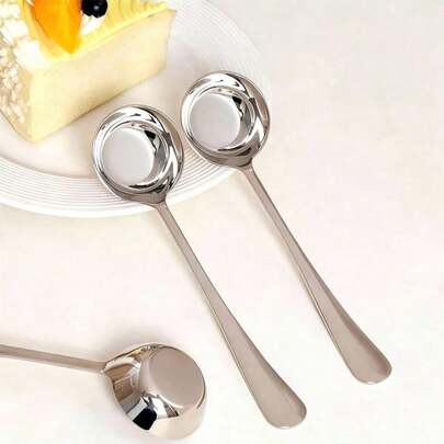 5pcs Stainless Steel Flat Bottom Spoons, Round Head Kitchen Soup Spoons, Thick , Practical Tableware For Daily Cooking & Family Gatherings