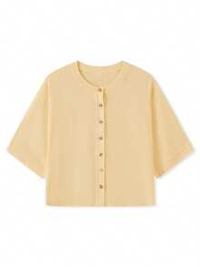 Women Half Sleeve Cropped Cardigan Shirt Short Sleeve Button Down Open Front Crewneck Loose Fit Knit T Shirt Y2k Casual Crop Tops Summer Fall Lightweight Jacket Outwear - 黃色 - 查看 4