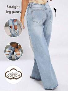 Quần jeans nữ dáng ngắn, thanh lịch, phong cách đường phố, sang trọng, năng động, trẻ trung, gợi cảm, rách rưới, kiểu retro, ống thẳng, dáng rộng, đã giặt, dành cho người nhỏ nhắn, mùa xuân. - Màu xanh chiên nhạt - Xem 2