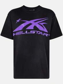 Plus Size Hellstars Purple X Logo Vintage Graphic T-Shirt,220g 100% Cotton,Round Neck Short Sleeve,Black Streetwear Essential For Summer Going Out,Unisex Style - Black - View 1
