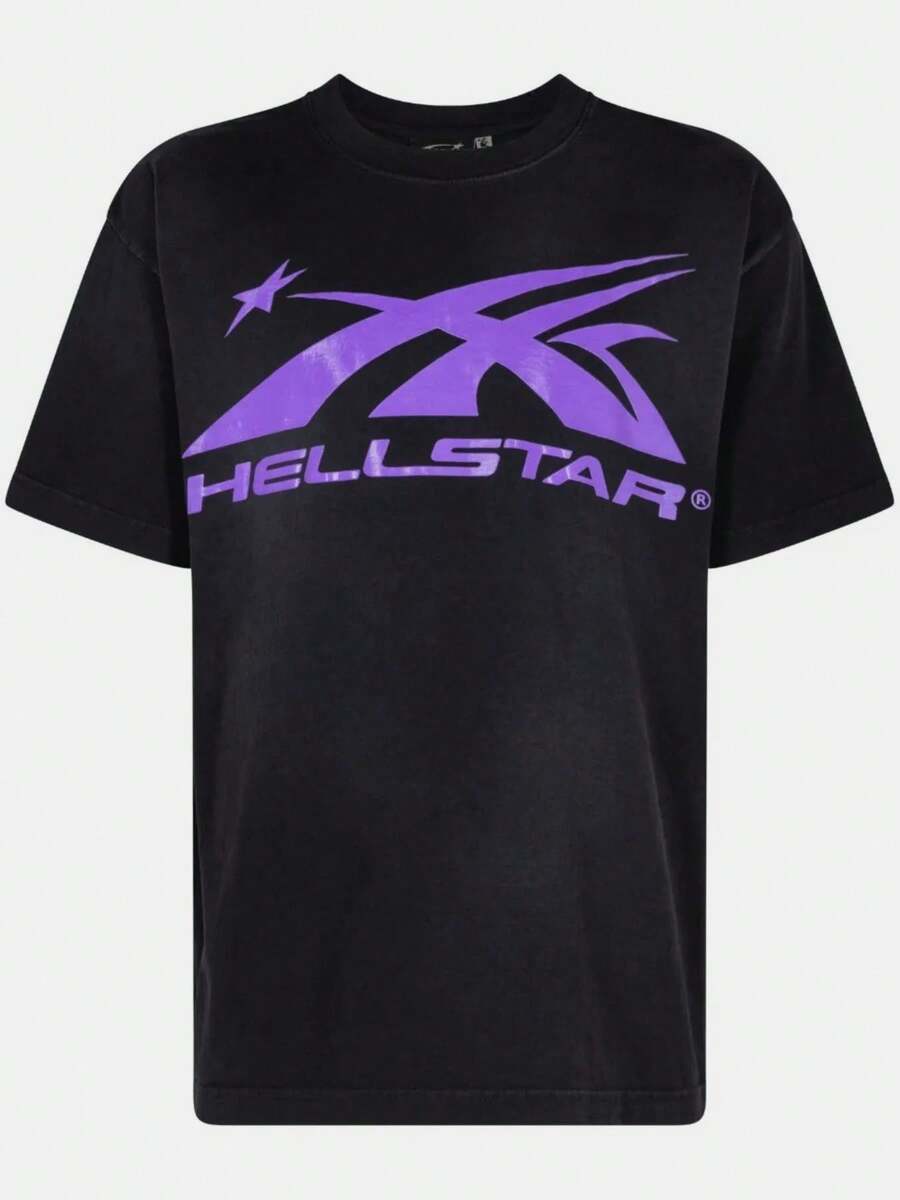 Plus Size Hellstars Purple X Logo Vintage Graphic T-Shirt,220g 100% Cotton,Round Neck Short Sleeve,Black Streetwear Essential For Summer Going Out,Unisex Style - Black - View 1