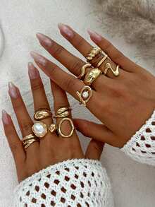 1 Set Of 11pcs Exaggerated Faux Pearl Adjustable Rings, Vintage Creative Asymmetrical Liquid Geometric Lava Ring Set, Suitable For Women's Daily, Vacation, Party Wear - Gold - View 1