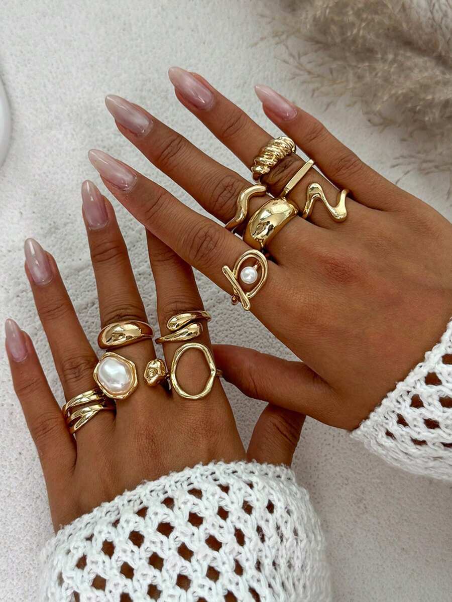 1 Set Of 11pcs Exaggerated Faux Pearl Adjustable Rings, Vintage Creative Asymmetrical Liquid Geometric Lava Ring Set, Suitable For Women's Daily, Vacation, Party Wear - Gold - View 1