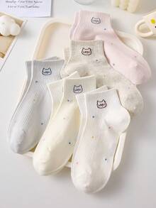 5 Pairs Cute Cat & Polka Dot Pattern Women's Ankle Socks, Non-Slip Breathable, Suitable For Spring/Summer - White - View 4