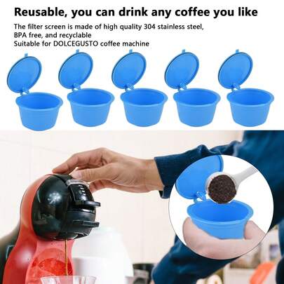 "5Pcs 50ml Coffee Capsule Reusable Coffee Filter Cup With Spoon For GUSTO Coffee Machine-Blue,Coffee Service Coffee Accessories "