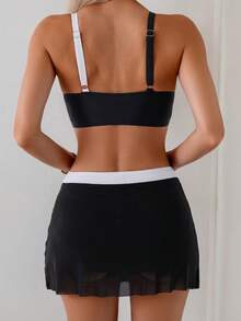 Women's 2 Piece Skirted Swimsuits Contrast Color Bikini Set Summer Two Piece Bathing Suits - Black - View 6