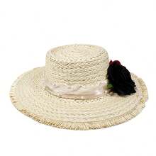 Women's Summer Straw Hat Wide Brim Beach Cap Lightweight Sun Hat With Black And Red Flowers - trắng - Xem 5