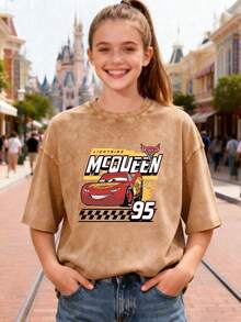 Lightning McQueen 95 Graphic Pure Cotton T-Shirt, Soft And Comfortable Summer Casual T-Shirt, Unisex Adult Style, Ideal Holiday Gift For Disney Cars Fans. - 摩卡棕 - 查看 1