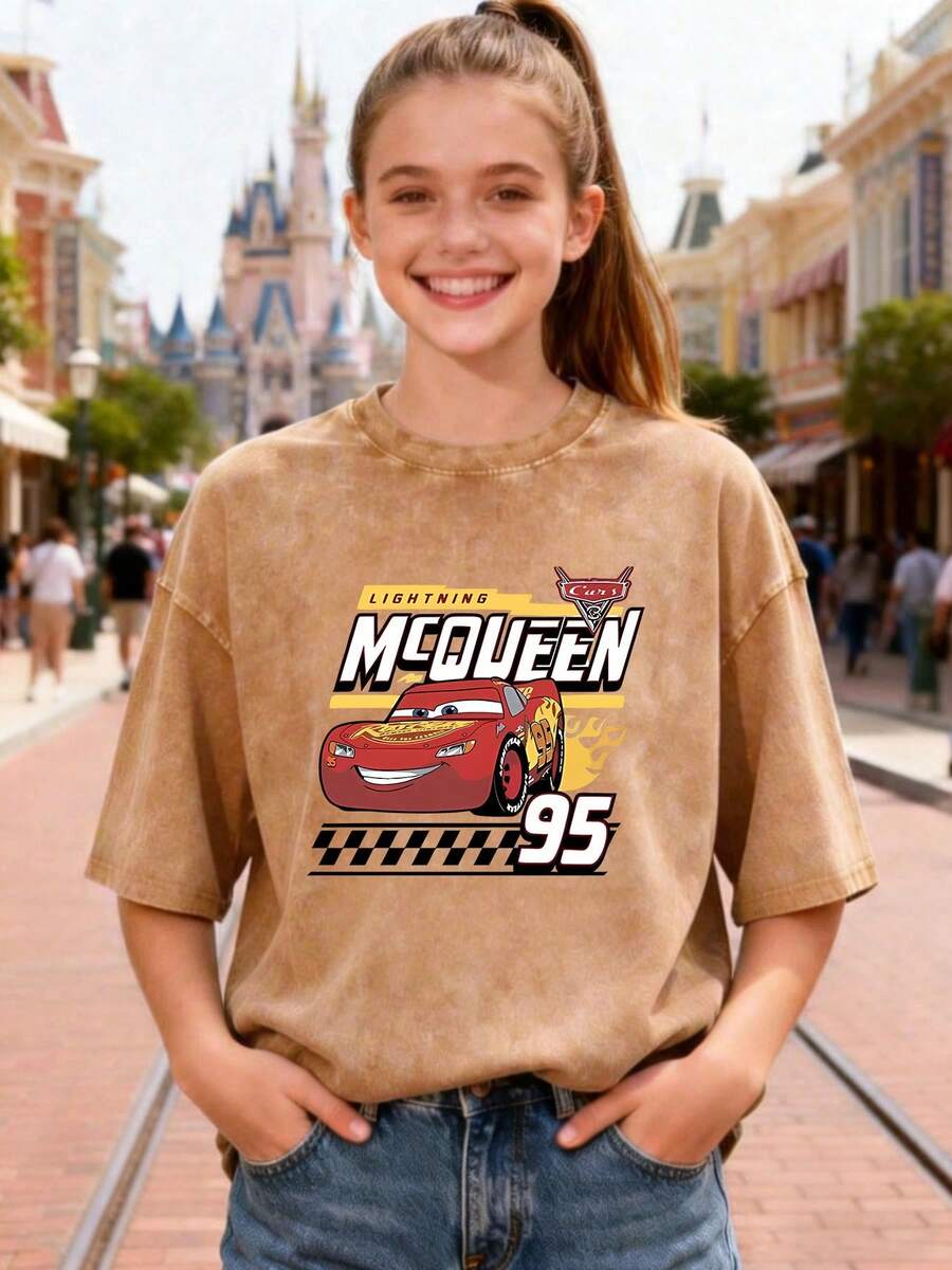 Lightning McQueen 95 Graphic Pure Cotton T-Shirt, Soft And Comfortable Summer Casual T-Shirt, Unisex Adult Style, Ideal Holiday Gift For Disney Cars Fans. - 摩卡棕 - 查看 1
