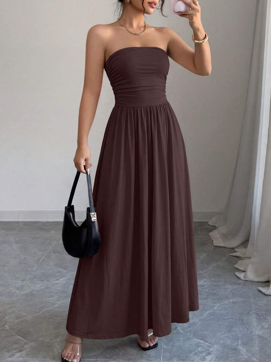 Women Summer Strapless Dress Sleeveless Tube Dress Ruched Flowy Side Pocket Bandeau Maxi Dress Casual Spring Vacation Holiday Beach Cocktail Wedding Guest Midi Dresses Outfits - 棕色 - 查看 1