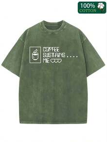 230g Washed Men's T-Shirt, "COFFEE SUSTAINS ME" Pixel Art Coffee Cup Graphic, Casual Crew Neck Short Sleeve Tee - 軍綠色 - 查看 1