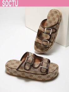 女士圆头时尚草编厚底坡跟夏季沙滩休闲厚底凉鞋 - 棕色 - 查看 2