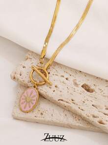 1对朋克风不锈钢项链，女士镀金珐琅粉色、黑色、白色、蓝色几何椭圆太阳吊坠项链，适合女性日常佩戴 - 項鍊 - 查看 12