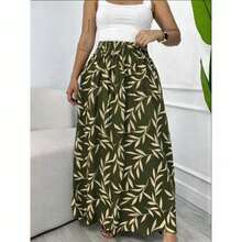 Long, Printed Viscose Skirt, Lined, High Waist With Pockets And Side Slits. - Army Green - View 2