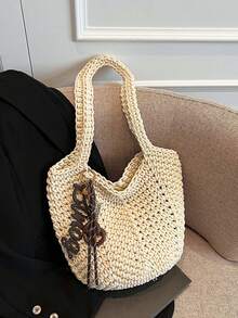 夏季海滩度假手提包，2023新款设计，大容量镂空编织单肩包，通勤两用 - 米色 - 查看 9